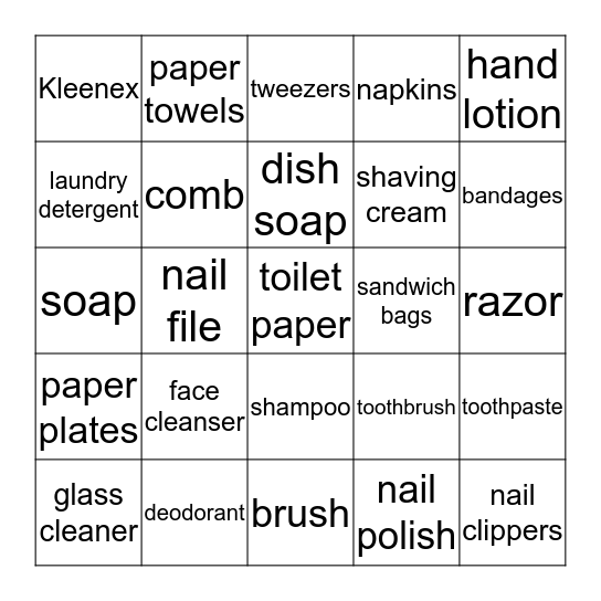 Grocery Words - 2 Personal/Cleaning Bingo Card