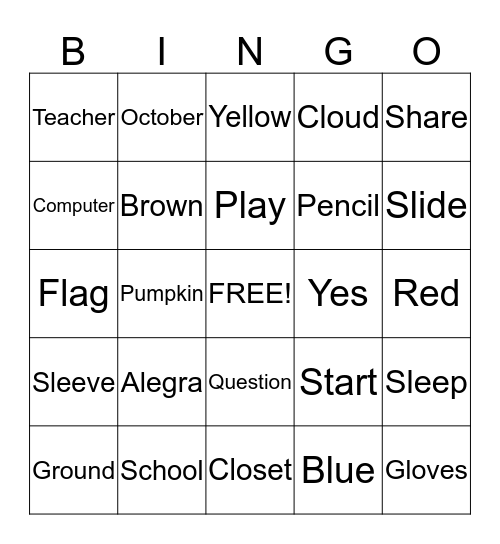 Speech Bingo Card