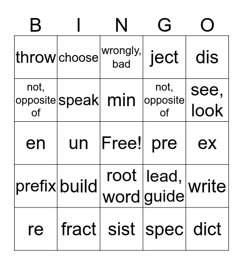 Root Words and Prefixes Bingo Card