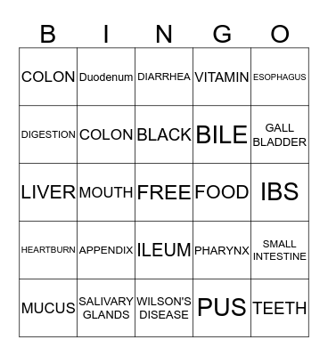 DIGESTIVE SYSTEM Bingo Card