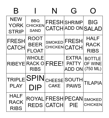 Rafters Restaurant & Sports Bar Bingo Card