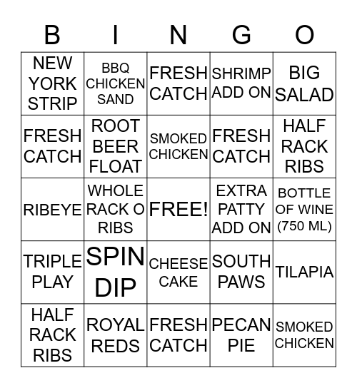 Rafters Restaurant & Sports Bar Bingo Card