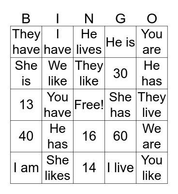 To be, To like, To have, Numbers Bingo Card