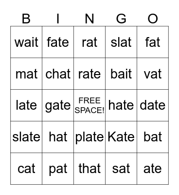 Rhyming Short -at and Long -at Words Bingo Card