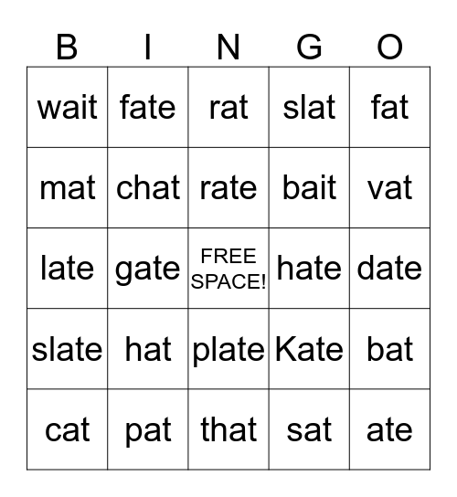 Rhyming Short -at and Long -at Words Bingo Card