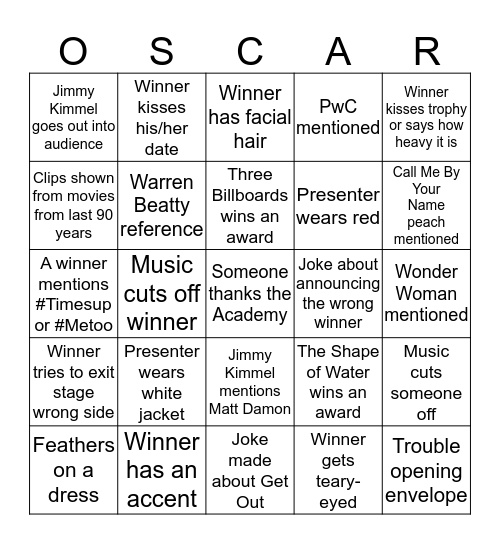 2018 Oscar Bingo Card