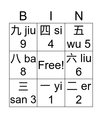 Chinese Numbers 0-10 Bingo Card