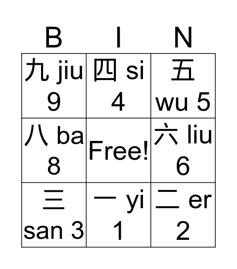 Chinese Numbers 0-10 Bingo Card