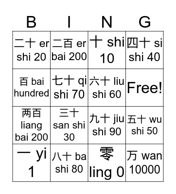 Chinese 0-10000 Bingo Card