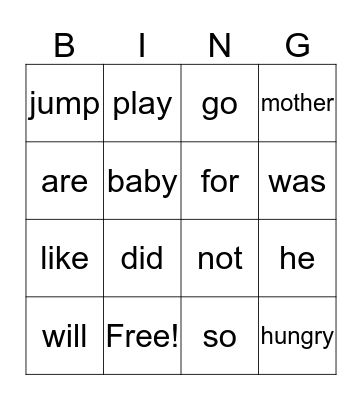 Sight Words Bingo Card