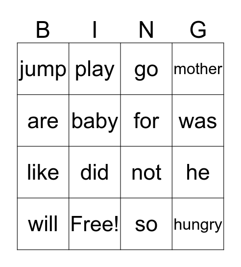 Sight Words Bingo Card