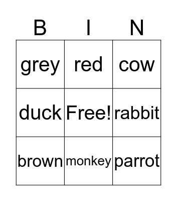 Colours and animals Bingo Card