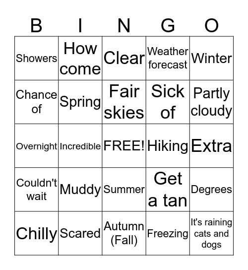 Outdoor Vocabulary Bingo Card