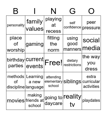Socialization Bingo  Bingo Card