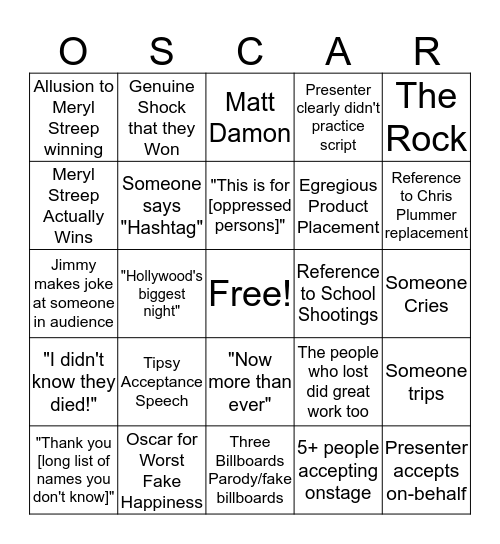 OSCARS 2018 Bingo Card