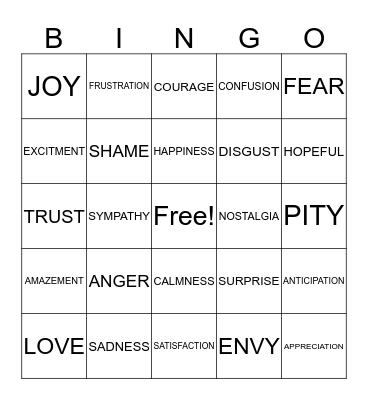 Musical Emotion Bingo Card