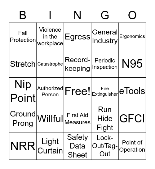 Safety Bingo Card