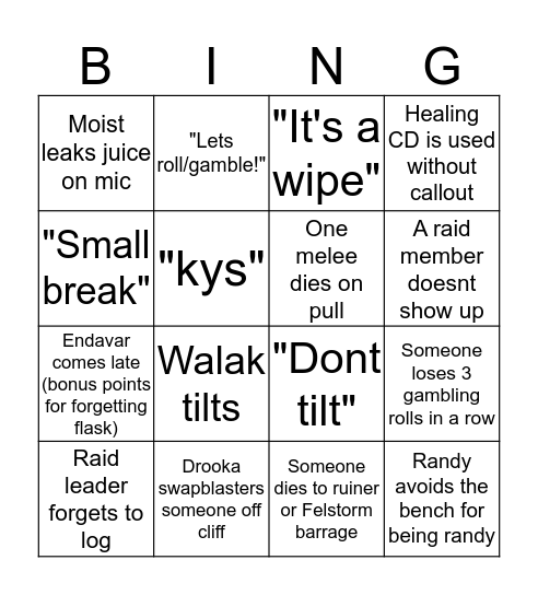 <The Betrayed> raiding bingo Card