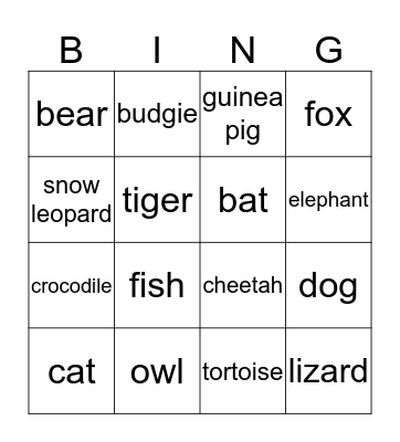 Animals Bingo Card