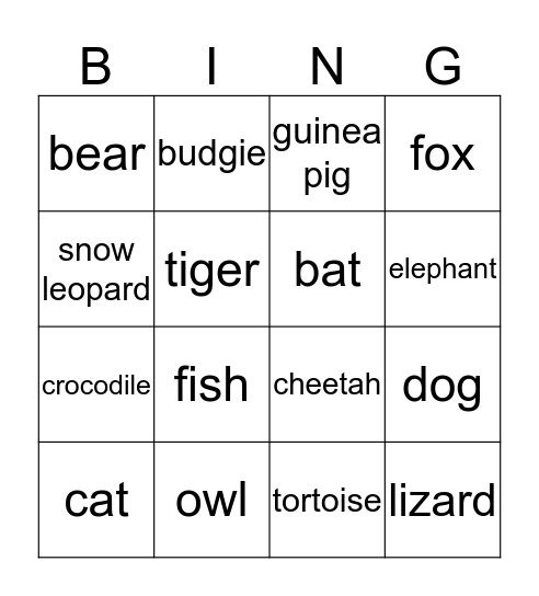 Animals Bingo Card