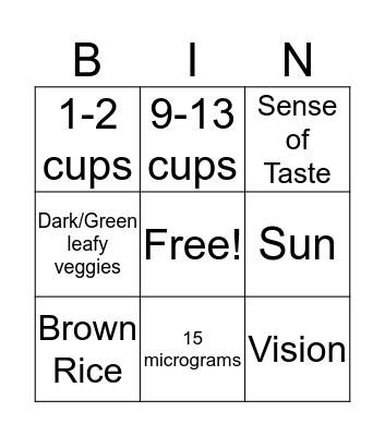 Nutrition Bingo Card