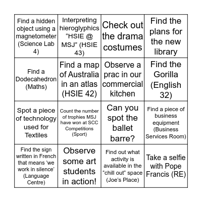 MSJ Bingo Challenge Bingo Card