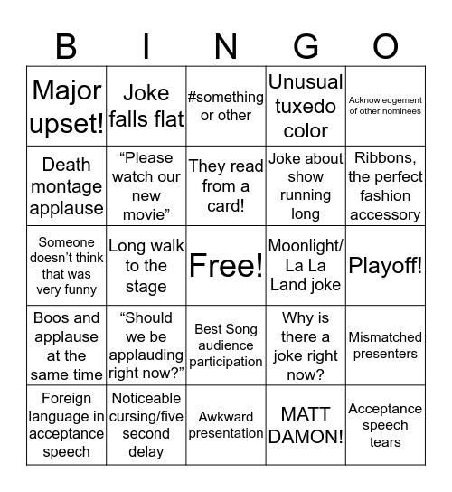 Oscars Bingo Card