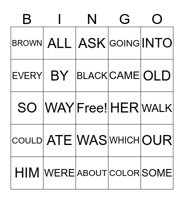 word bingo Card