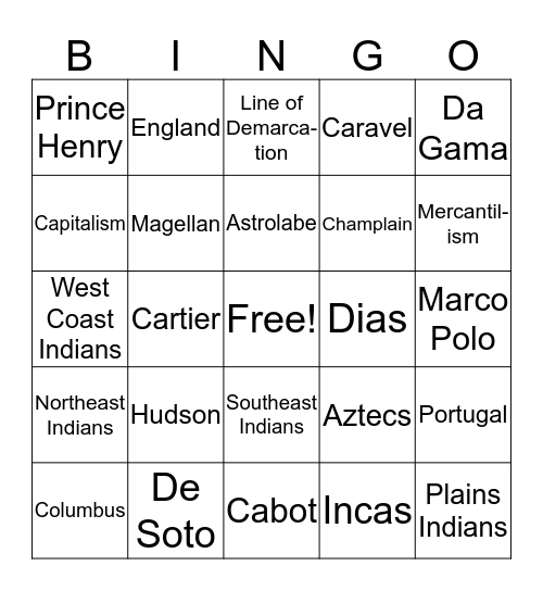 Age of Exploration Bingo Card