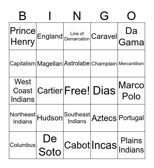 Age of Exploration Bingo Card