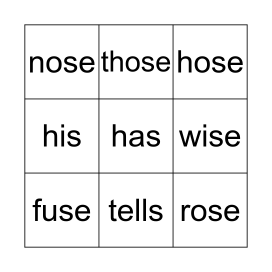 Lesson 59  /z/ s Bingo Card