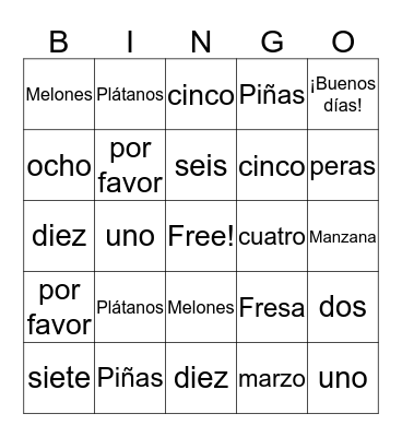 Spanish 5th March Bingo Card