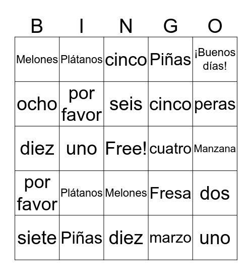 Spanish 5th March Bingo Card