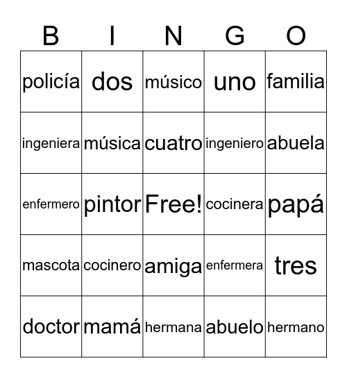 Occupations and Family Bingo Card
