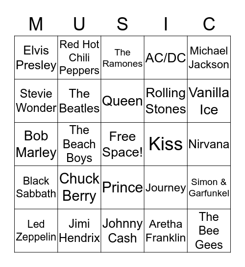 Rock 'n Roll Bingo Card