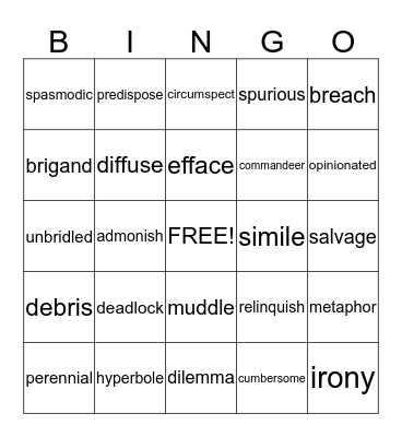 Vocabulary Unit 1 Bingo Card