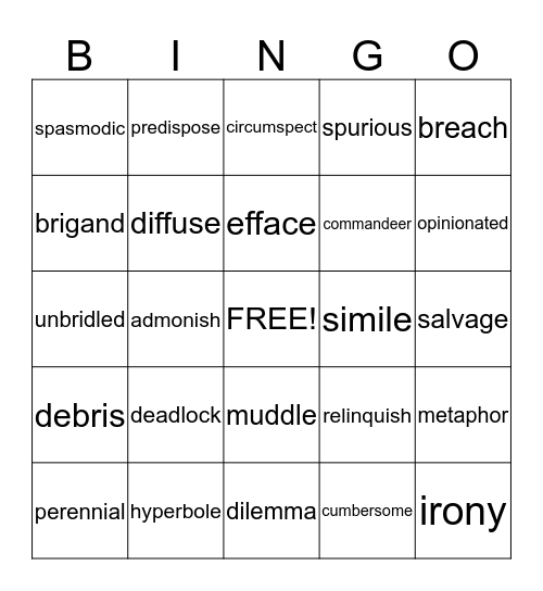 Vocabulary Unit 1 Bingo Card