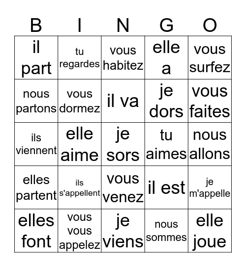 Les verbes Bingo Card