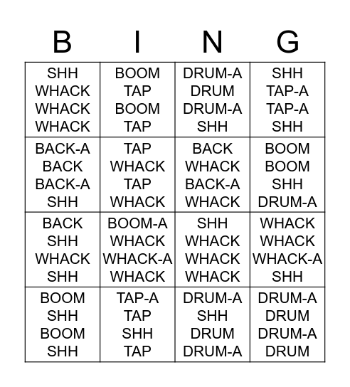BOOMWHACKERS Bingo Card