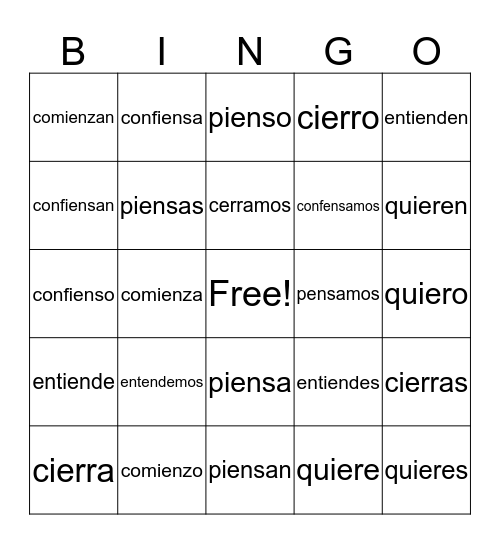 E:IE Stem Changing Verbs Bingo Card