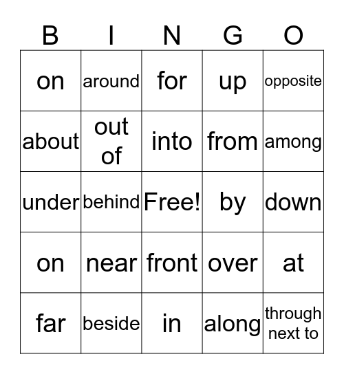 Prepositions  Bingo Card