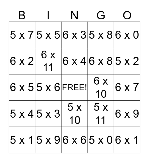 5 and 6 TIMES BINGO Card