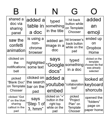 SP1 NUX Bingo Card