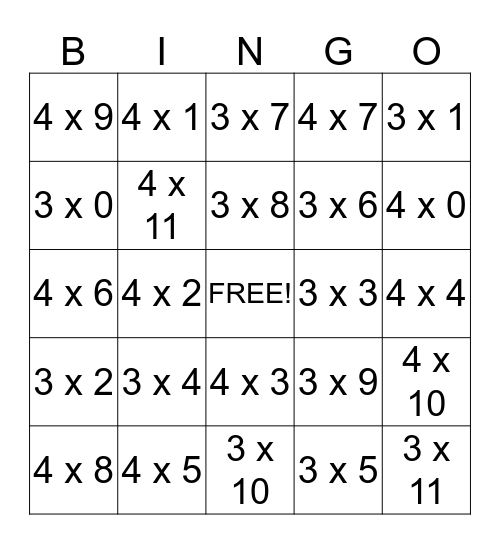 3 and 4 TIMES BINGO Card