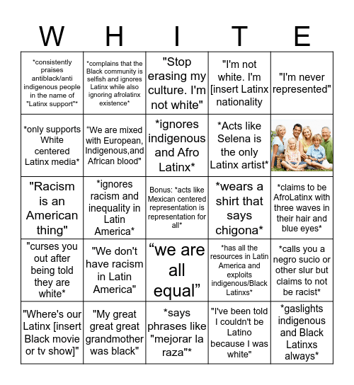 White & White Passing Latinx Bingo Card