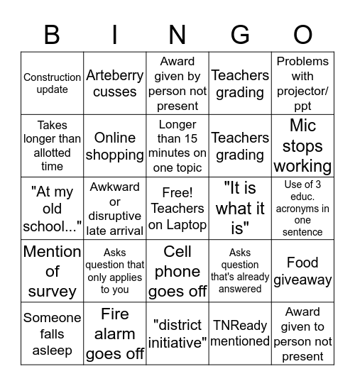 Faculty Meeting Bingo Card