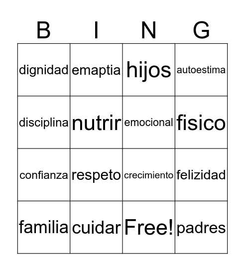 Crianzo con Cariño Bingo Card