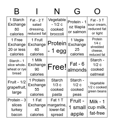 Food Exchanges Bingo Card