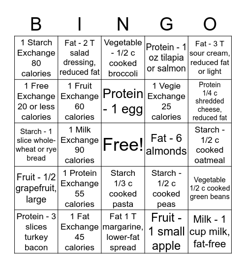 Food Exchanges Bingo Card