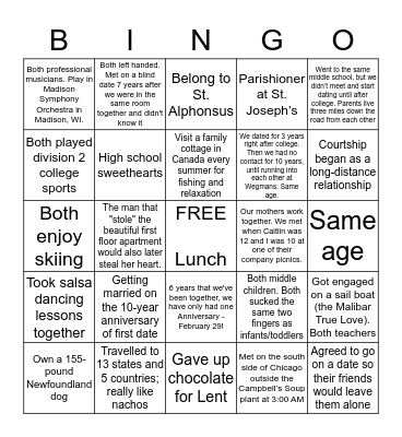 Pre-Cana Getting to Know You Bingo Card